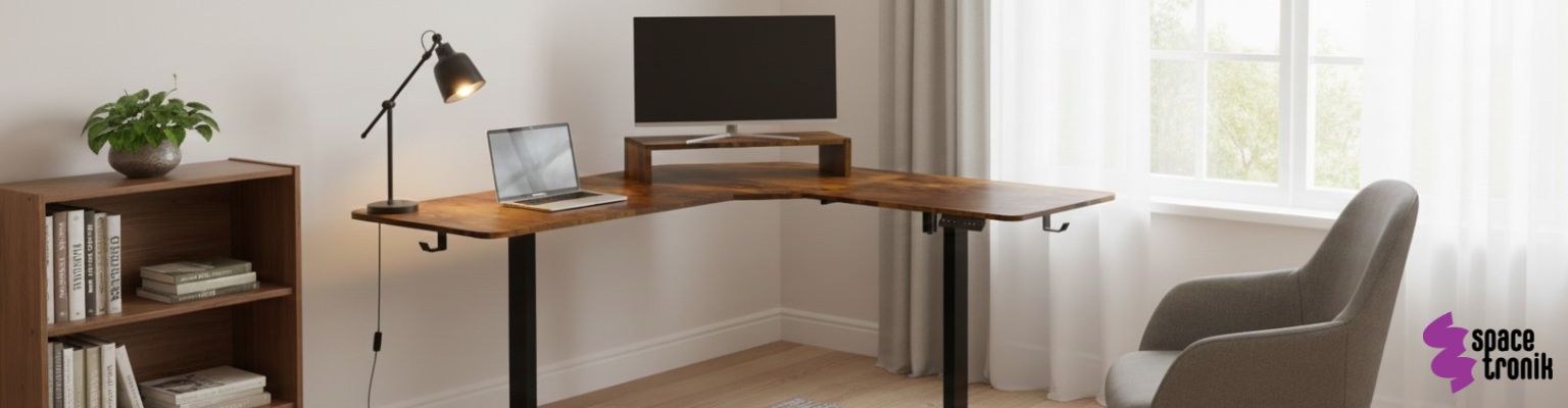 Biurko narożne regulowane SPEL112BR 120x60 cm z elektryczną regulacją wysokości, ciemno drewniany blat i czarne nogi