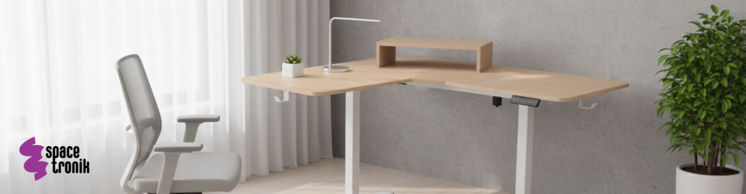 Biurko narożne regulowane SPEL112WL 120x60 cm z elektryczną regulacją wysokości, jasno drewniany blat i białe nogi