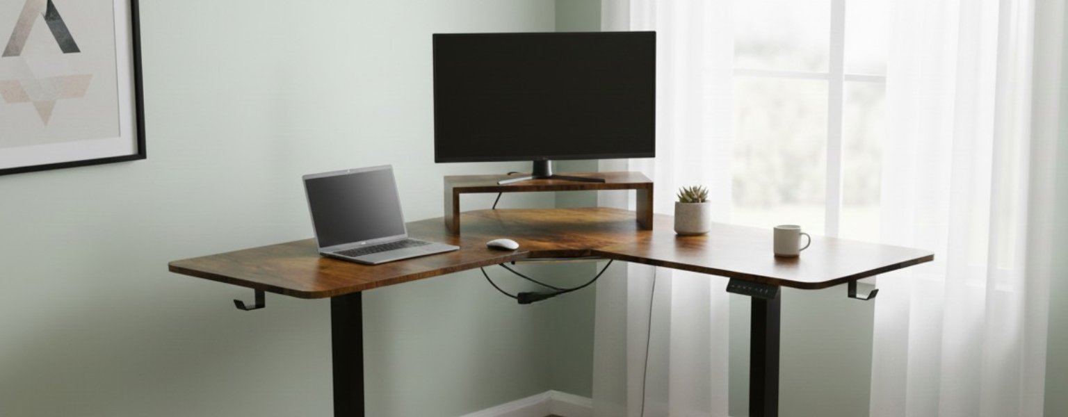 Biurko narożne regulowane SPEL112BR z elektryczną regulacją wysokości, ciemno drewniany blat i czarna rama