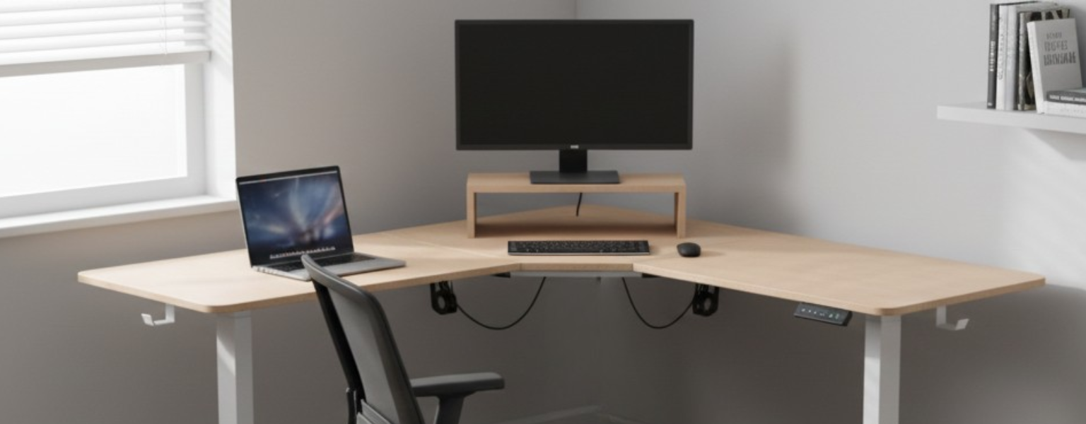 Biurko narożne regulowane SPEL112WL z elektryczną regulacją wysokości, jasno drewniany blat i biała rama