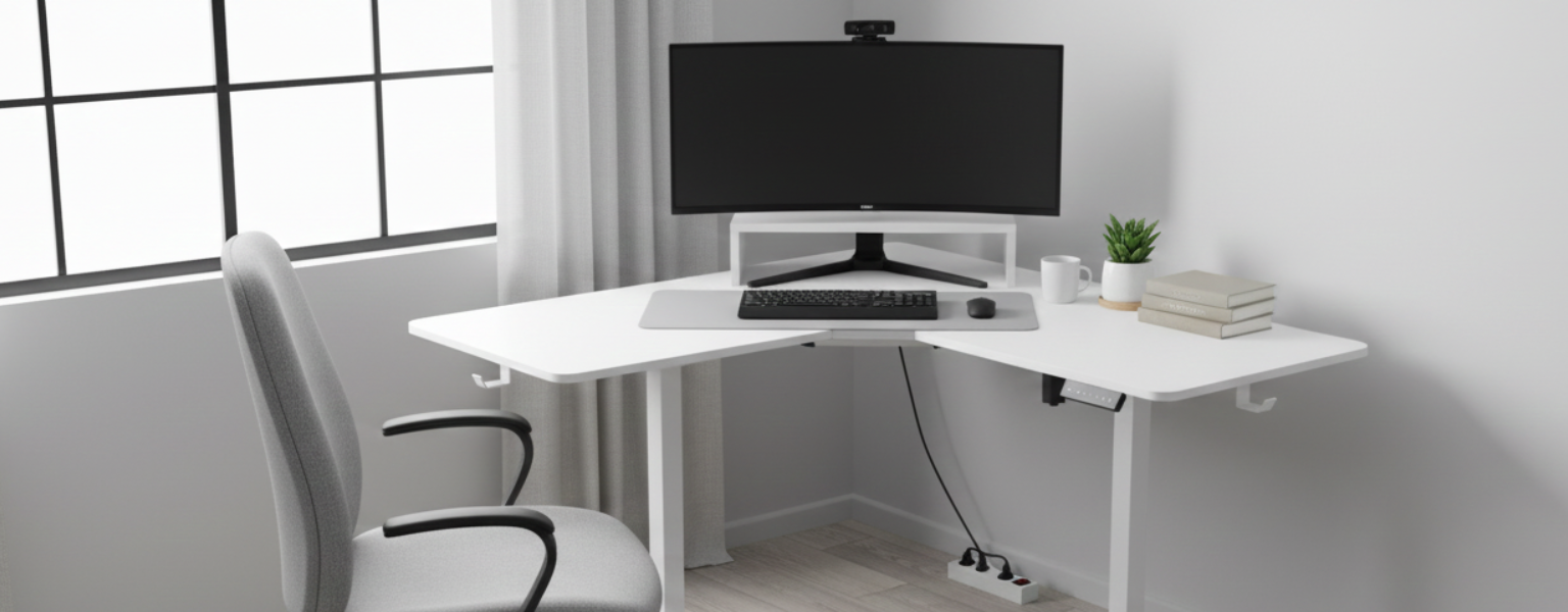 Biurko narożne regulowane SPEL112WW z elektryczną regulacją wysokości, biały blat i biała rama