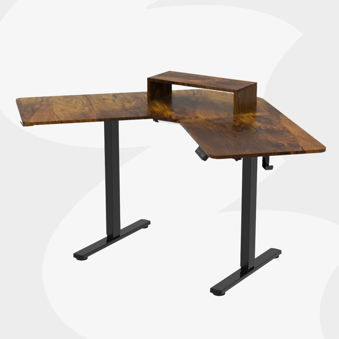 Biurko narożne regulowane SPEL112BR - najważniejsze cechy, ciemno drewniany blat i czarne nogi