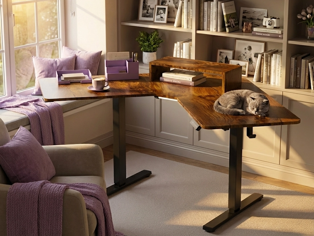 Narożny blat w kształcie litery V, ciemno drewniany blat