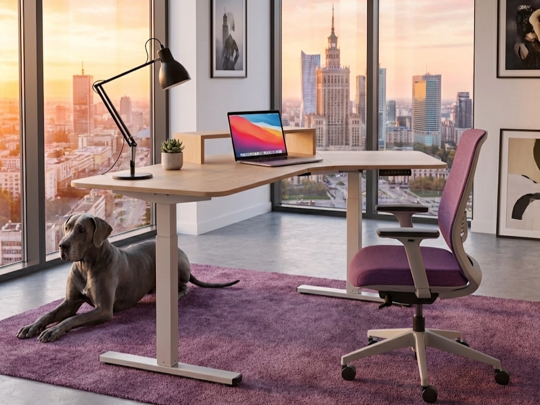 Narożny blat w kształcie litery V, jasno drewniany blat