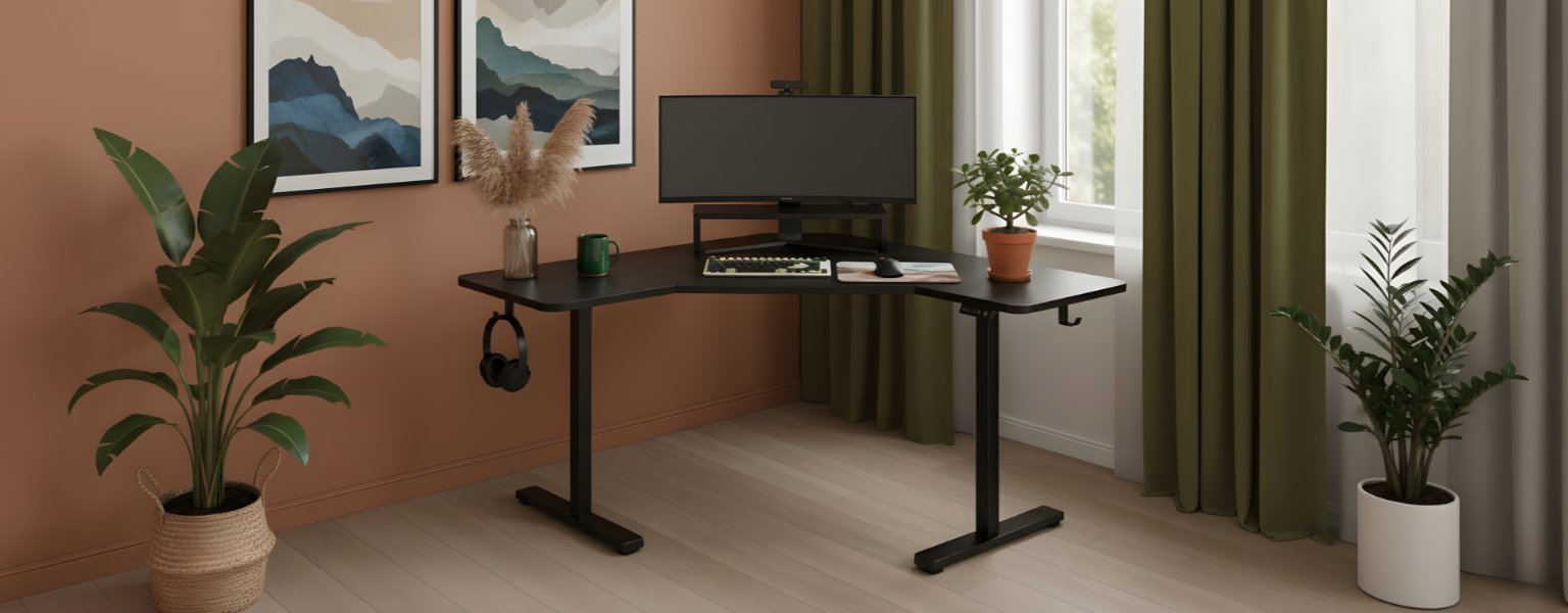 Biurko narożne regulowane SPEL112BB z elektryczną regulacją wysokości