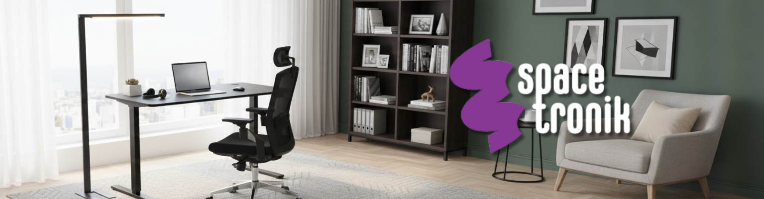 Zestaw: biurko elektryczne Spacetronik Moris SPE-O112BB, fotel Gerd i lampa podłogowa LED GLOW D22 Pro
