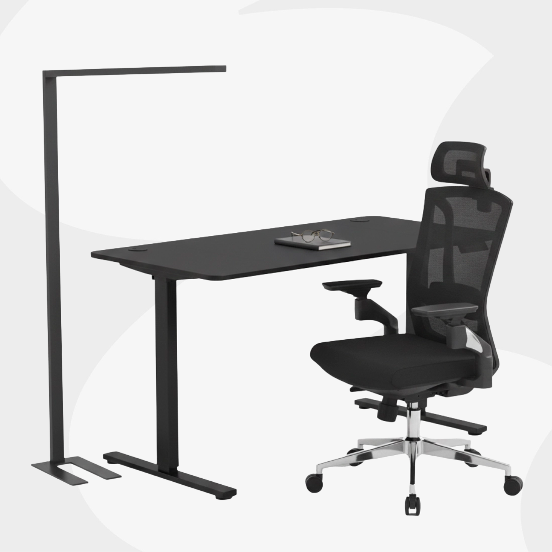 Ergonomiczny zestaw biurowy w czarnej kolorystyce: biurko, fotel i lampa Spacetronik