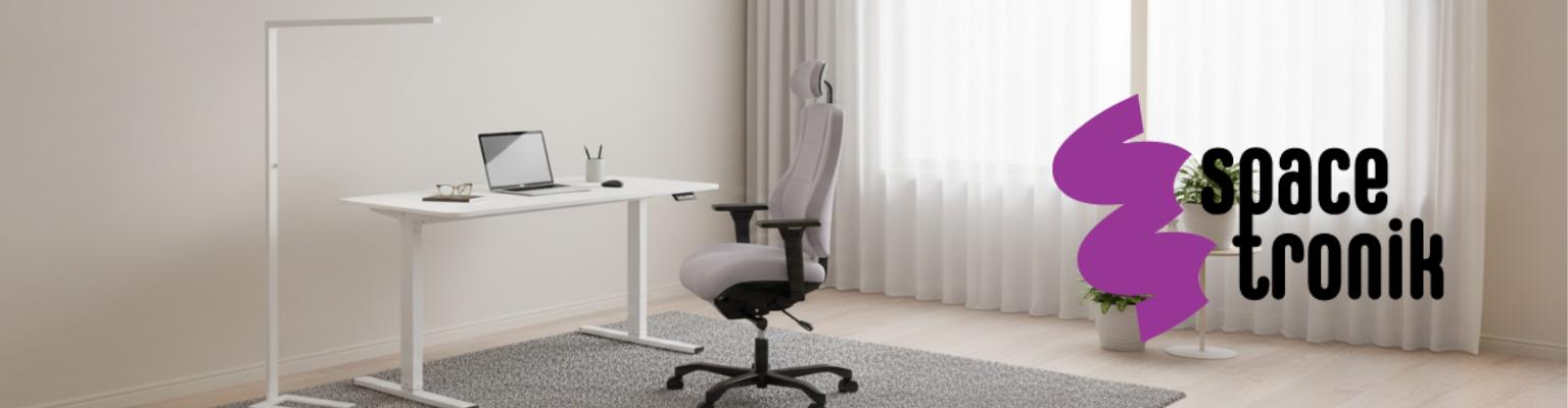 Zestaw: biurko elektryczne Spacetronik Moris SPE-O112WW, fotel SPC-MENNKAR-M0188 i lampa podłogowa LED GLOW D22 Pro