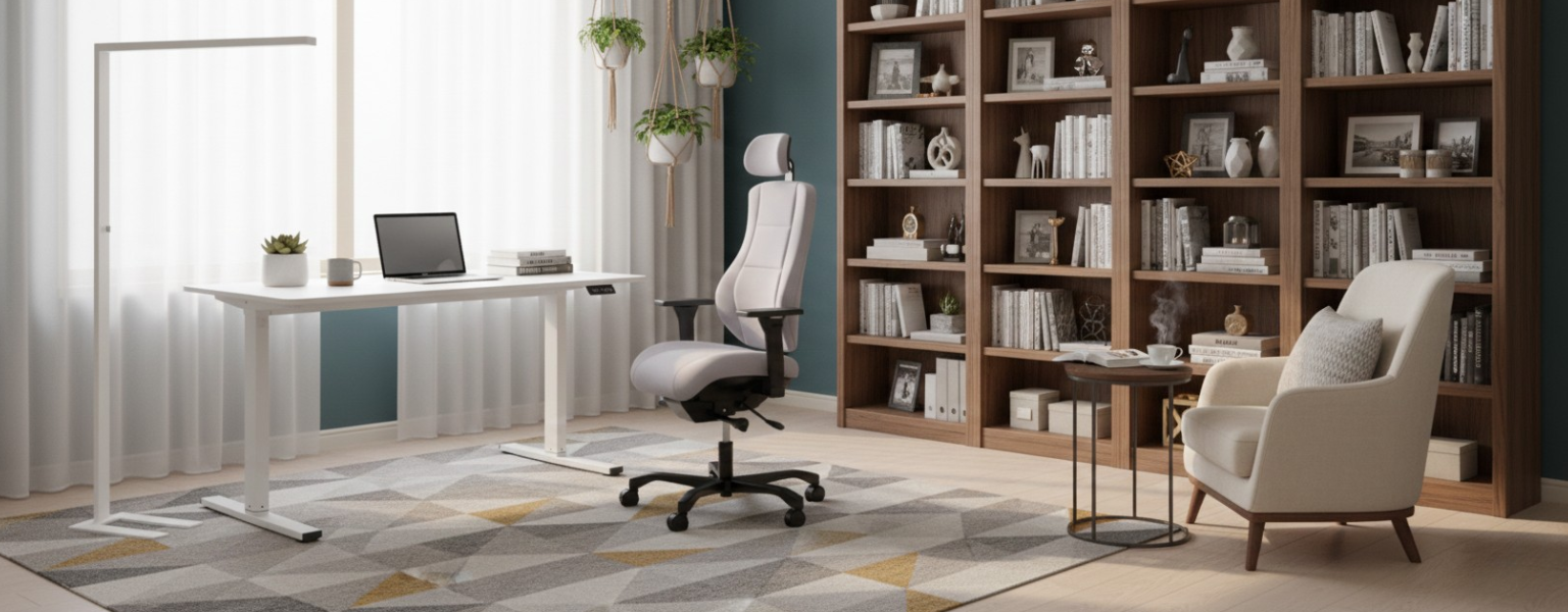 Nowoczesne stanowisko pracy z biurkiem, fotelem i lampą Spacetronik