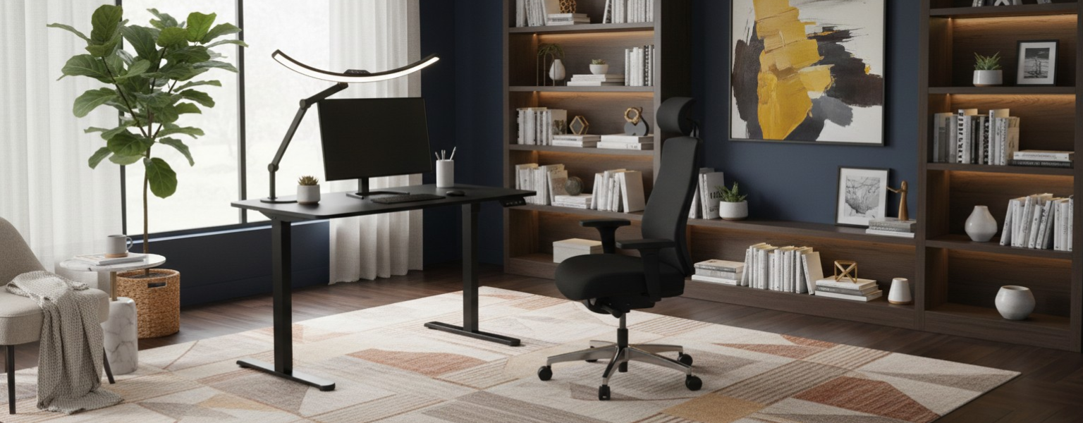 Ergonomiczny zestaw biurko Moris, fotel Springle 44 i lampa Glow D5