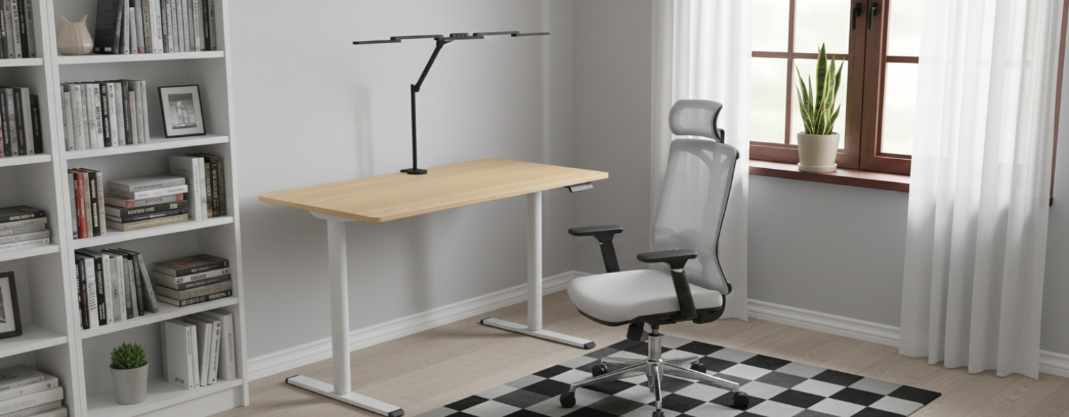 Nowoczesne jasne stanowisko pracy z biurkiem, krzesłem i lampą Spacetronik