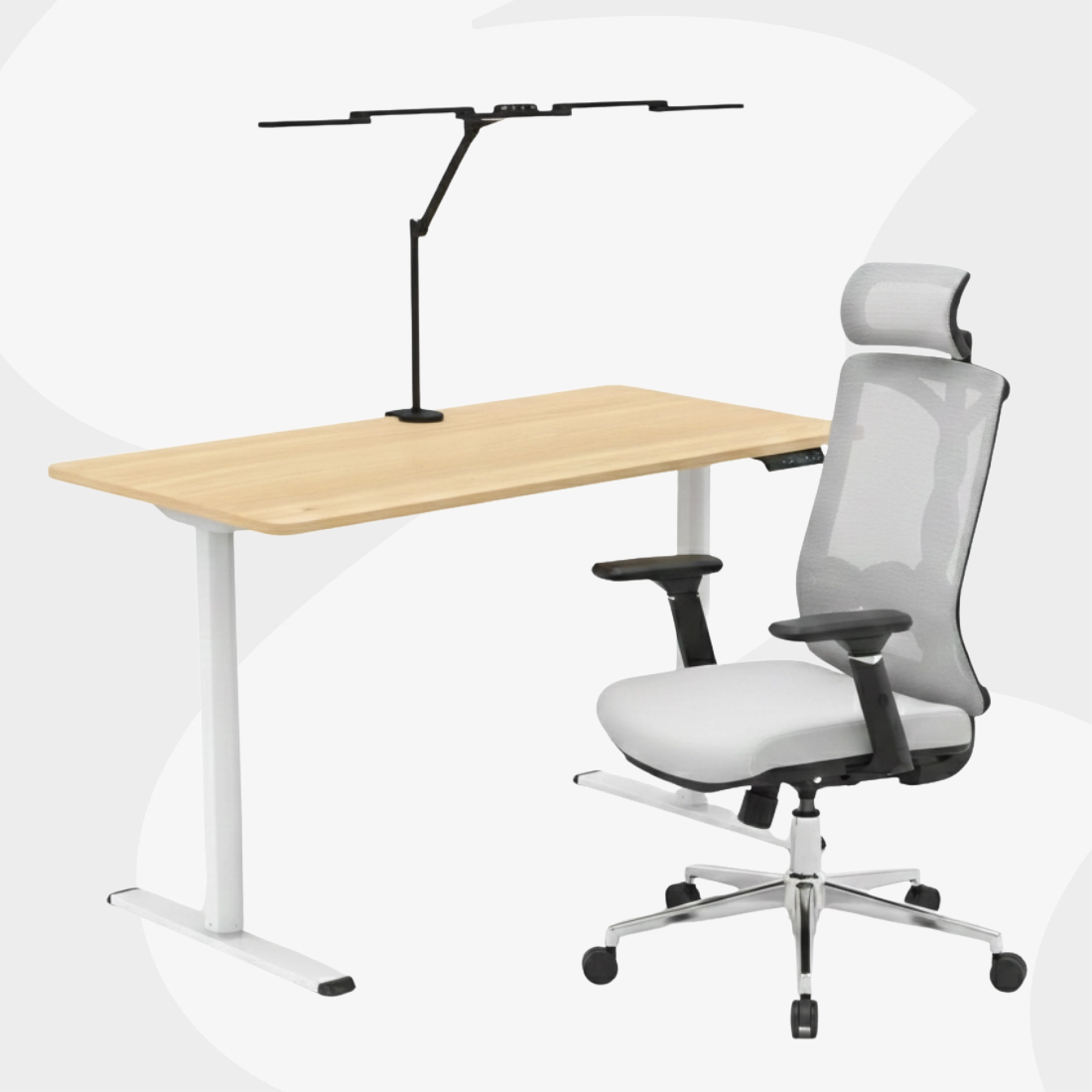 Ergonomiczny zestaw: białe biurko z regulacją, krzesło Spiro i lampa kreślarska Glow D2