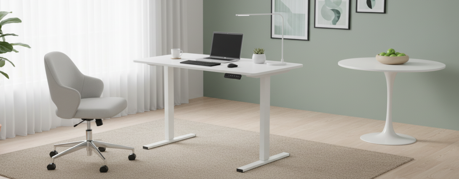 Białe biurko elektryczne SPEO125WW 120x60 cm w domowym biurze