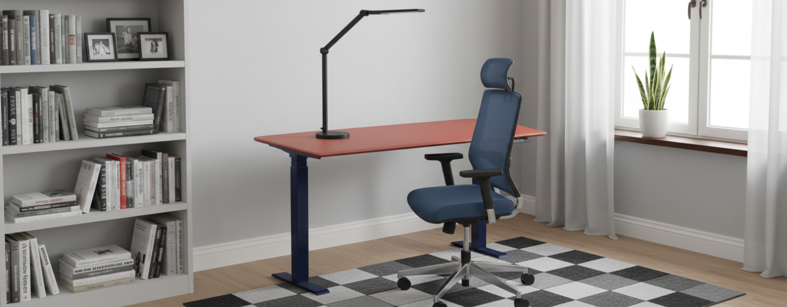 Zestaw ergonomiczny biurko Vegard, fotel BARD i lampa Glow D4