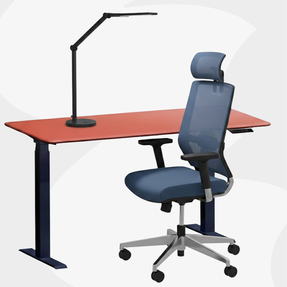 Ergonomiczny zestaw z biurkiem elektrycznym, fotelem i lampą LED