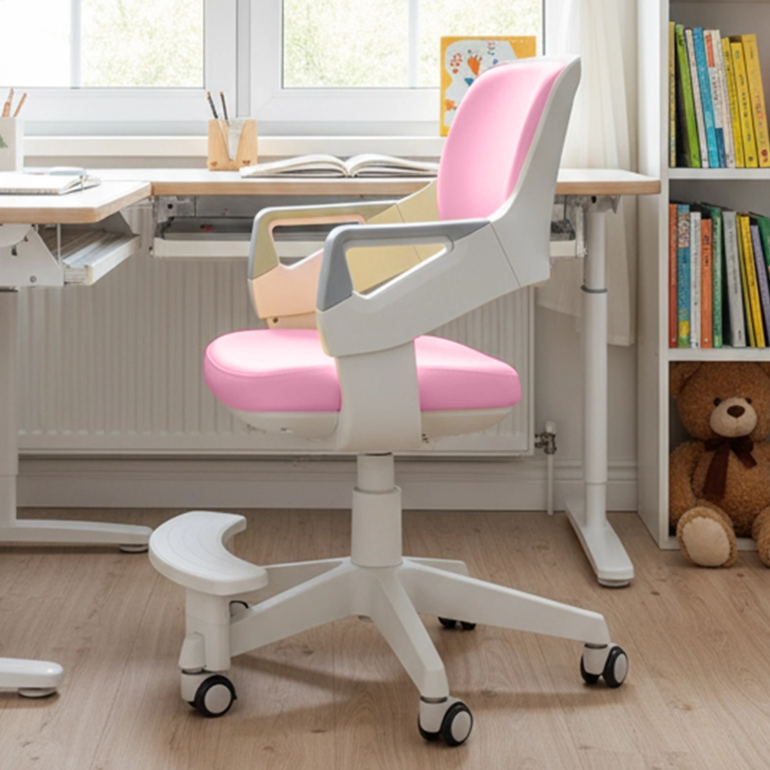 Ergonomiczne krzesło dziecięce z regulowanym podnóżkiem i kółkami grawitacyjnymi