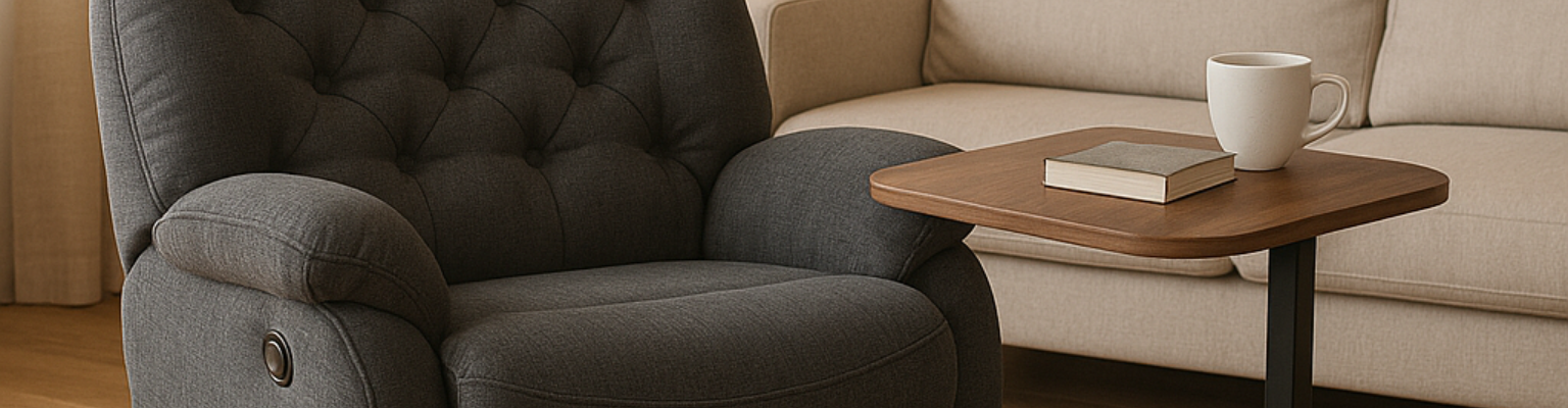 Zestaw: Fotel FLAX 04M szary i stolik BUDDY 17 (ciemne drewno)