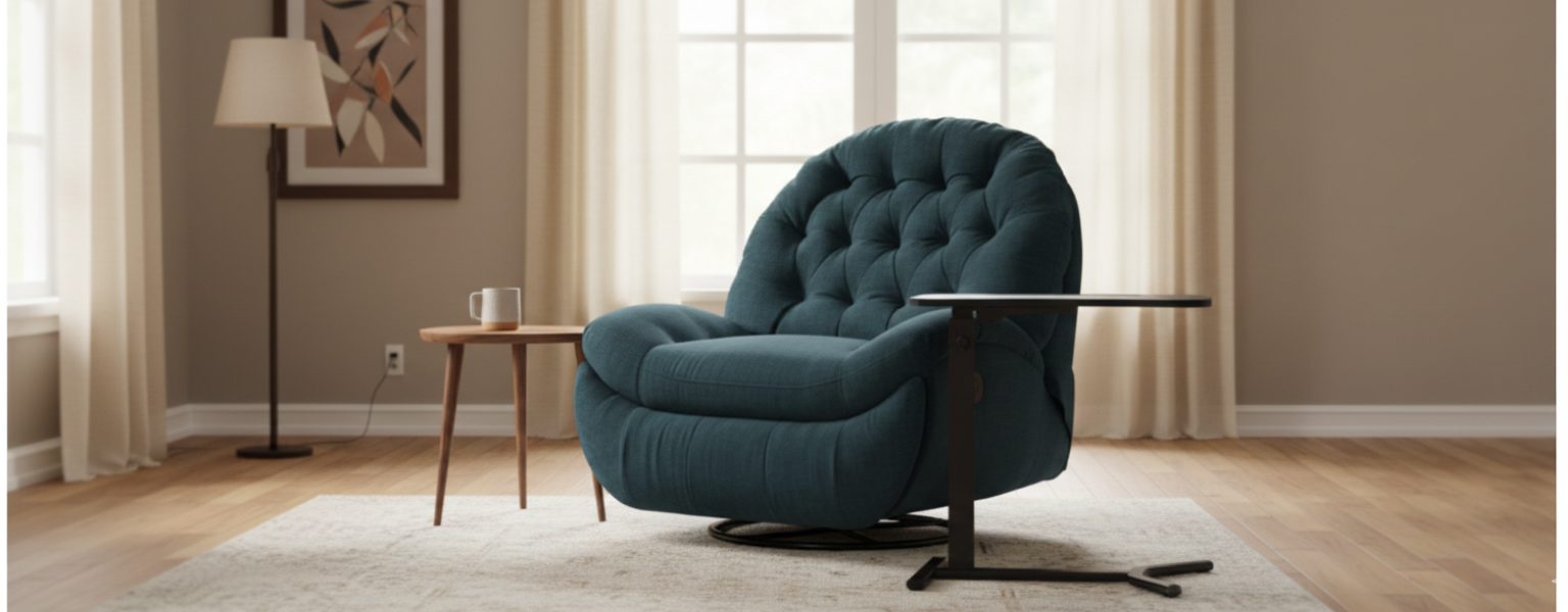 Zestaw: Flax 04M Akwamarynowy Mrok i BUDDY 19 – relaks i praca przy fotelu/łóżku