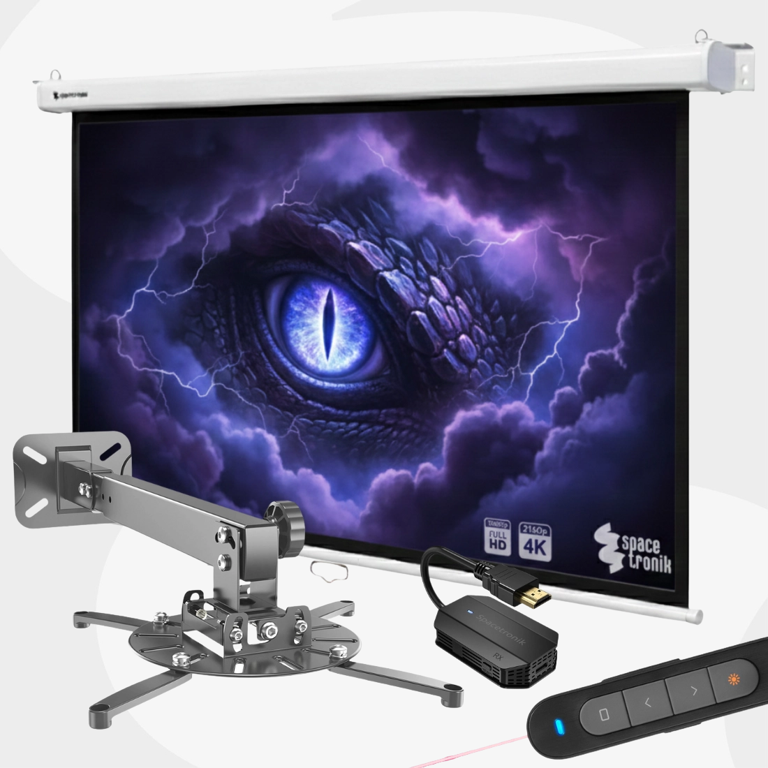 Zestaw projekcyjny: ekran, uchwyt sufitowy, bezprzewodowy transmiter HDMI i pilot do prezentacji