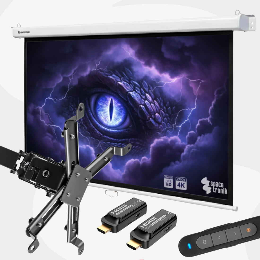 Zestaw: ekran projekcyjny, uchwyt do projektora, transmiter HDMI i pilot do prezentacji