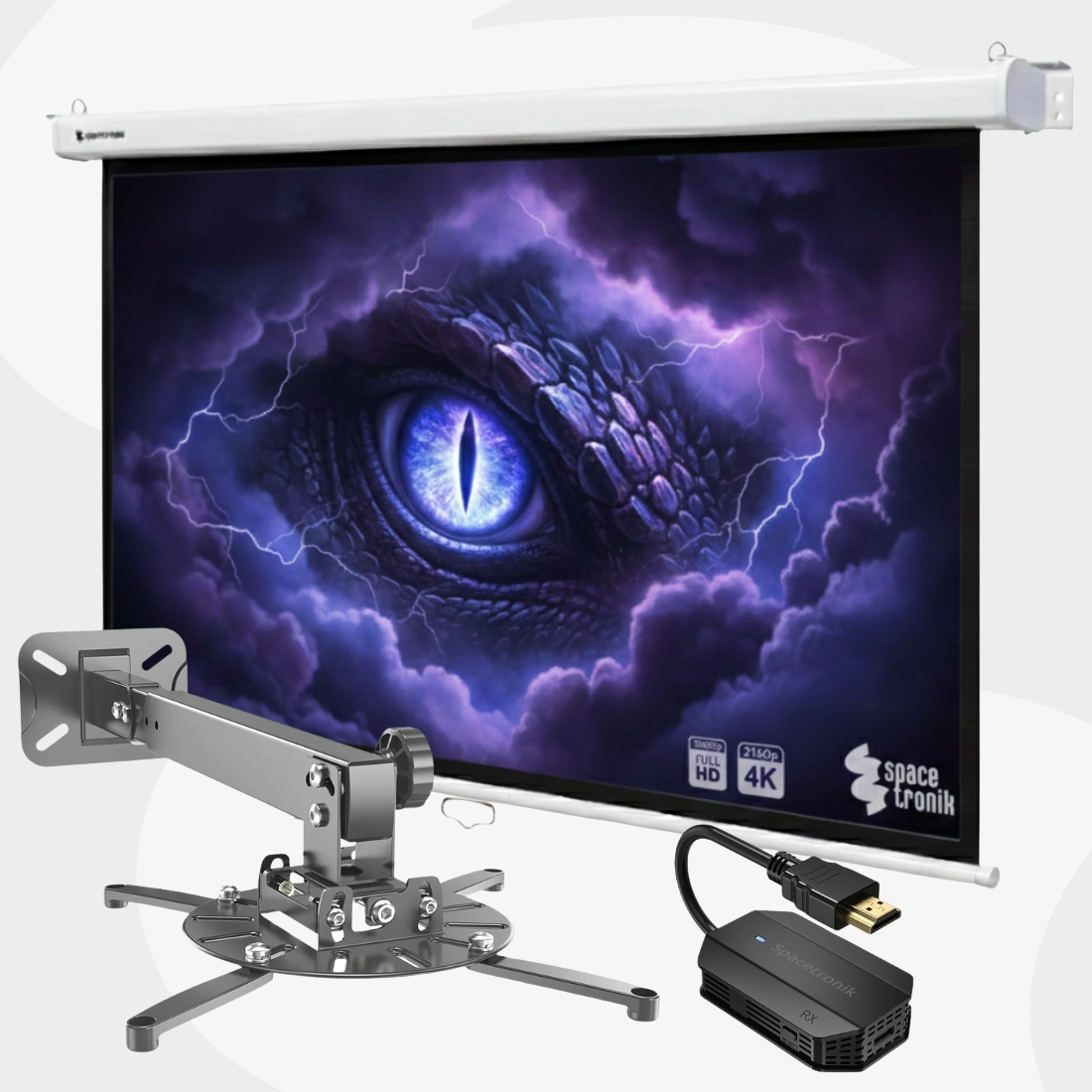 Zestaw: ekran projekcyjny, uchwyt sufitowy do projektora i bezprzewodowy transmiter HDMI 1080p USB-C