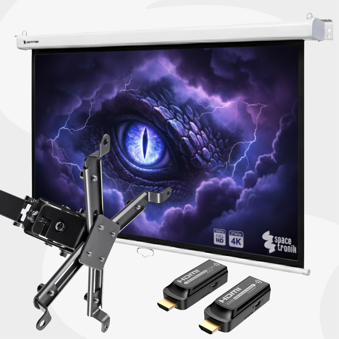 Zestaw: ekran projekcyjny, uchwyt do projektora i bezprzewodowy transmiter HDMI Full HD