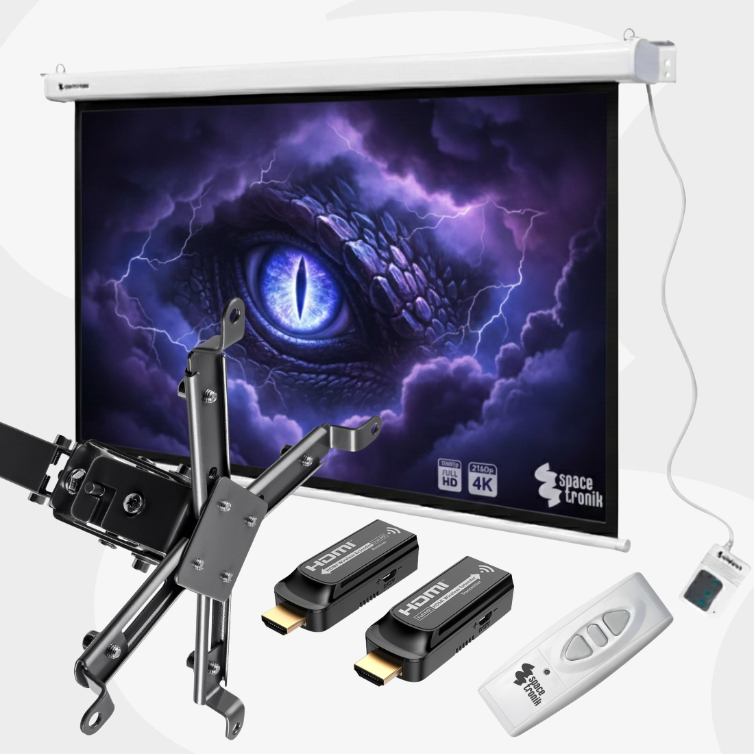 Zestaw: elektryczny ekran projekcyjny, uchwyt do projektora i bezprzewodowy transmiter HDMI Full HD