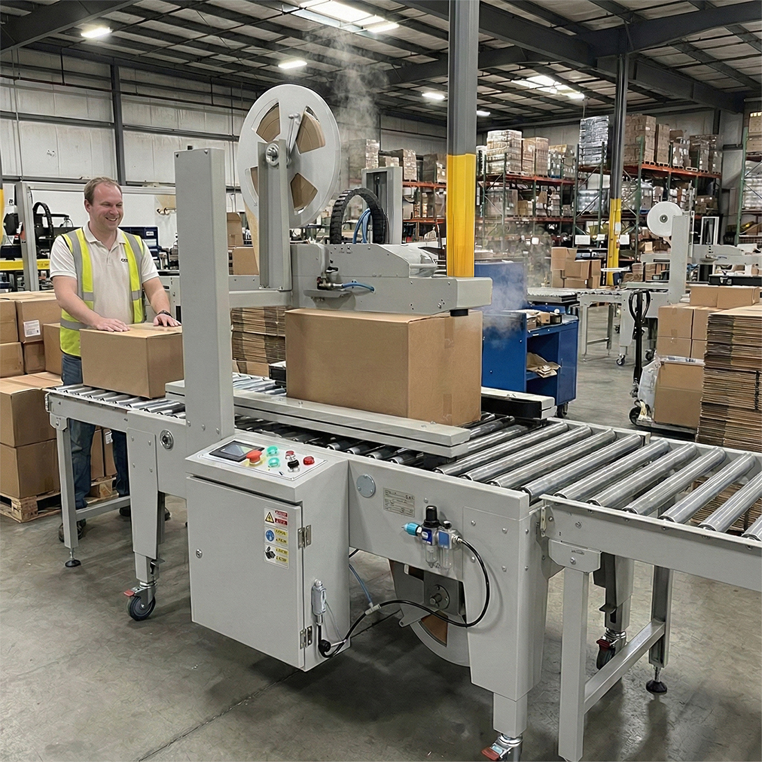 wizualizacja-automatycznej-zaklejarki-w-trakcie-pracy-w-magazynie-wysyłkowym