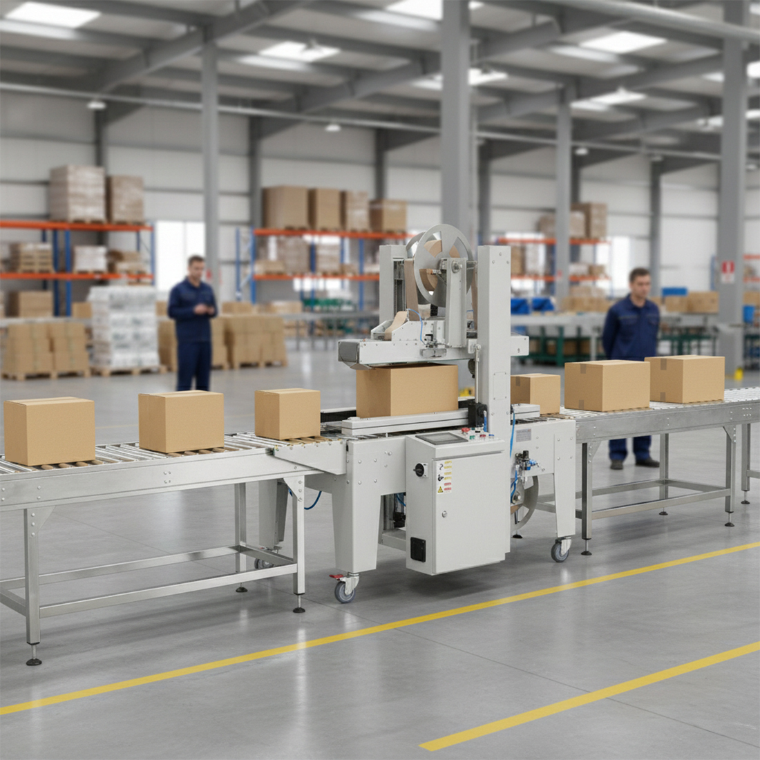 wizualizacja-automatycznej-zaklejarki-w-hali-magazynu-logistycznego-ze-zmiennymi-rozmiarmi-kartonów