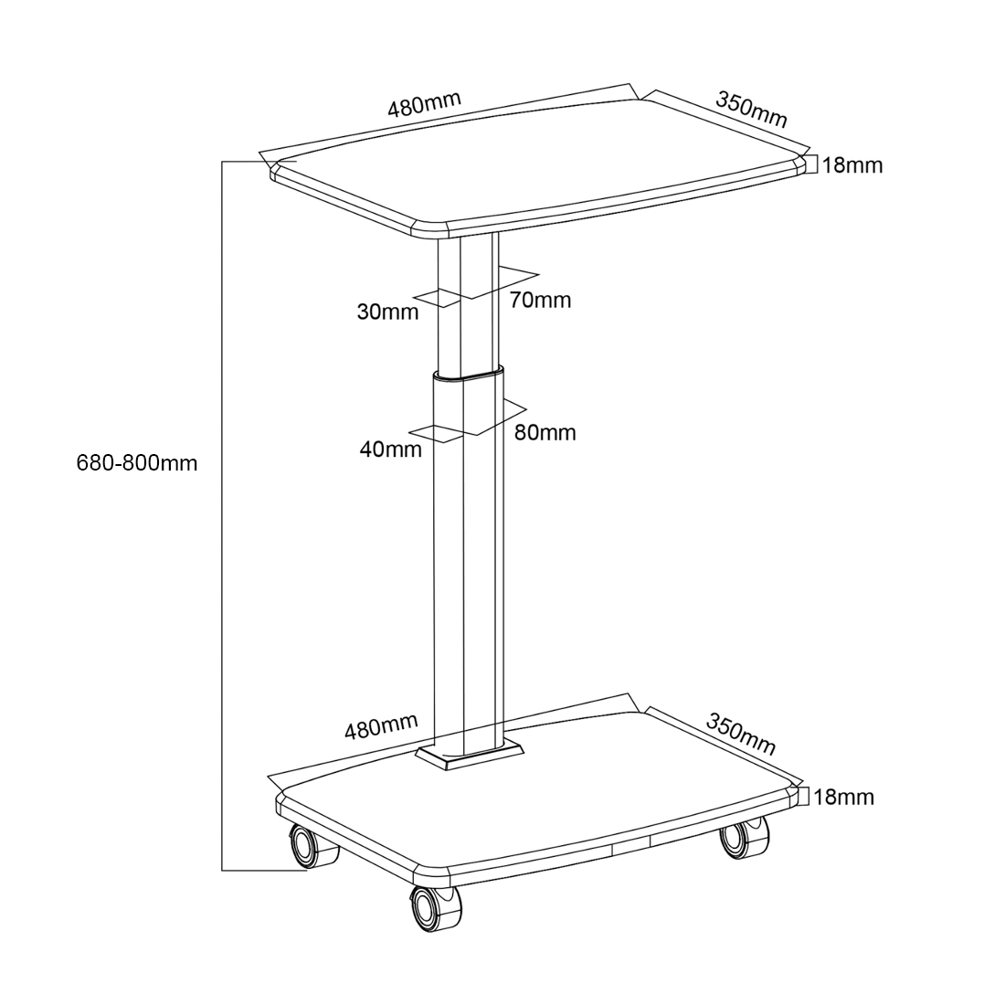 rysunek techniczny stolika pomocniczego na kółkach Spacetronik BUDDY 12-BR
