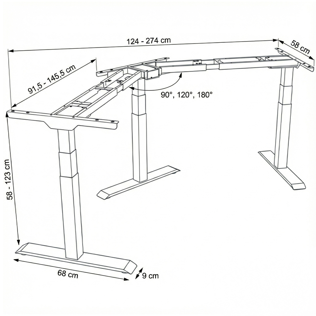 rysunek techniczny elektrycznego stelaża do biurka Spacetronik SPE-323TB