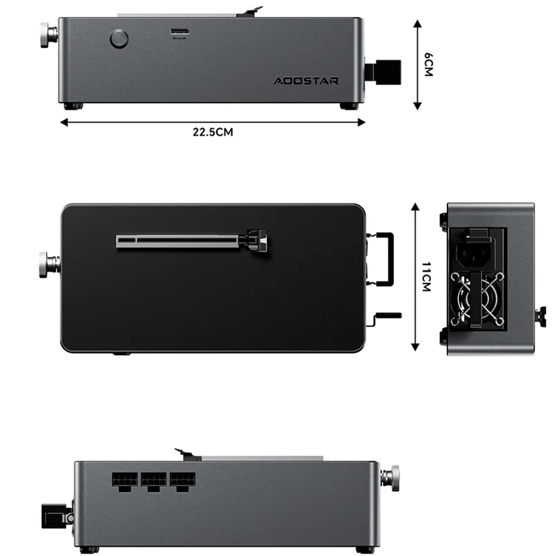 AOOSTAR AG01 eGPU Dock – wymiary 22.5×11×6 cm, konstrukcja otwarta, aluminiowa obudowa