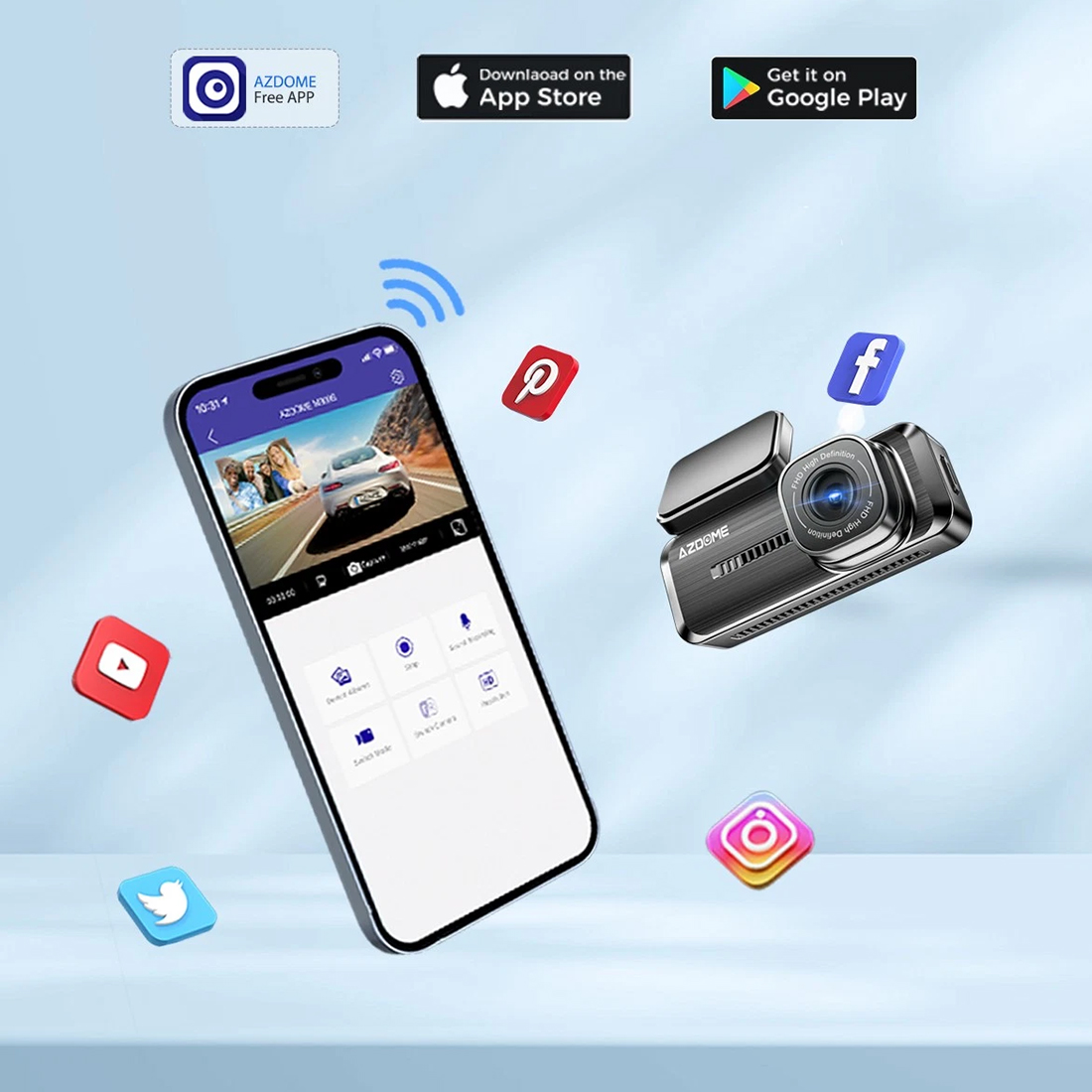 Azdome M200 wbudowane Wi-Fi aplikacja AZDOME podgląd nagrań