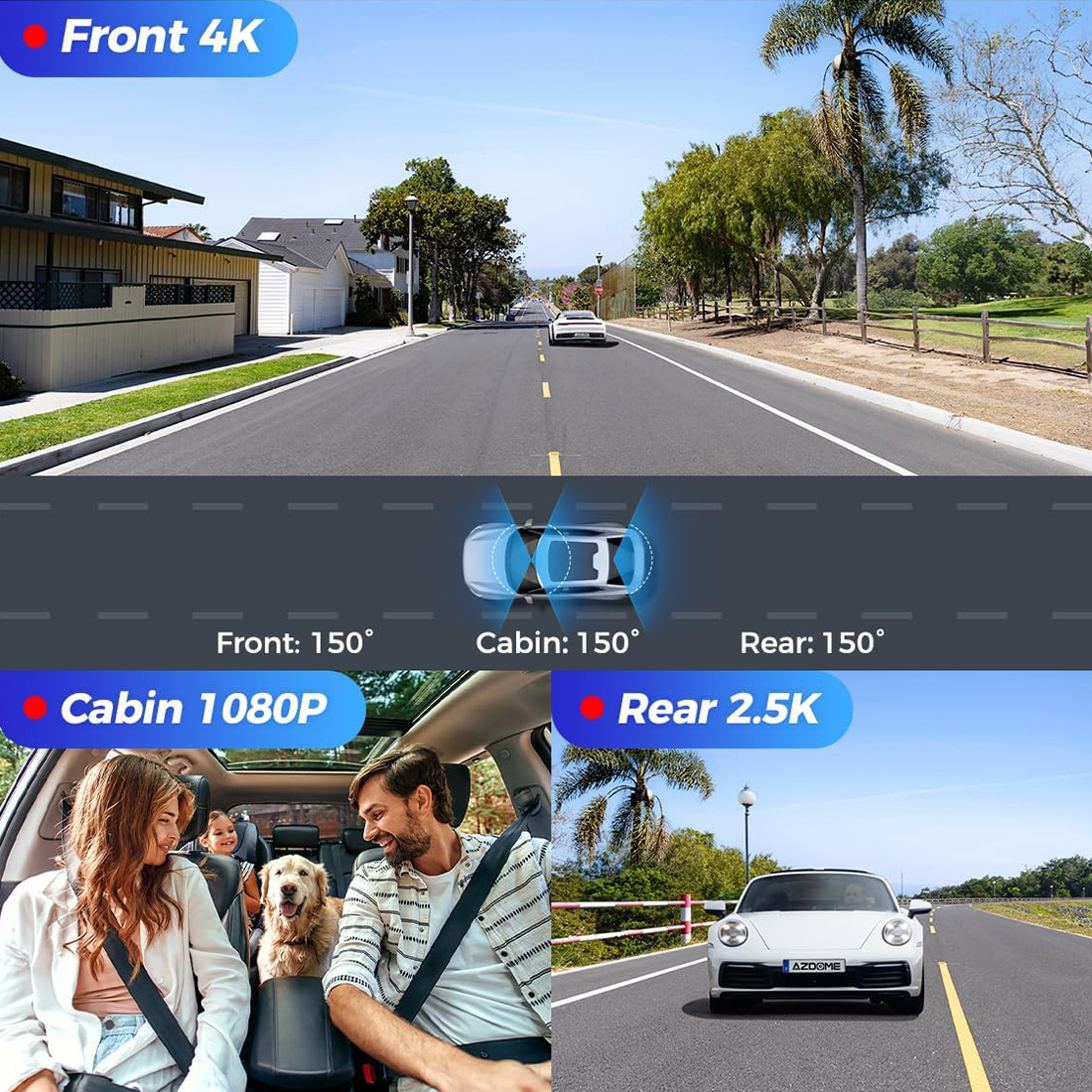 kamera samochodowa AZDOME M550 Max przód 4K tył 2.5K kabina 1080p jakość nagrań