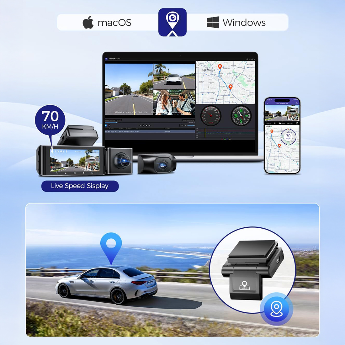 kamera samochodowa AZDOME M550 Max gps zapis trasy predkosci lokalizacji