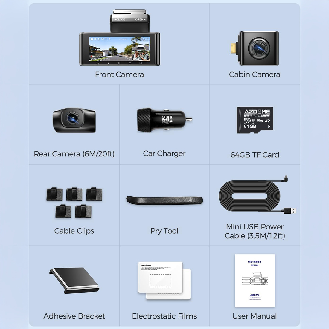 kamera samochodowa AZDOME M550 Max 3CH specyfikacja przód 4K tył 2.5K kabina 1080p