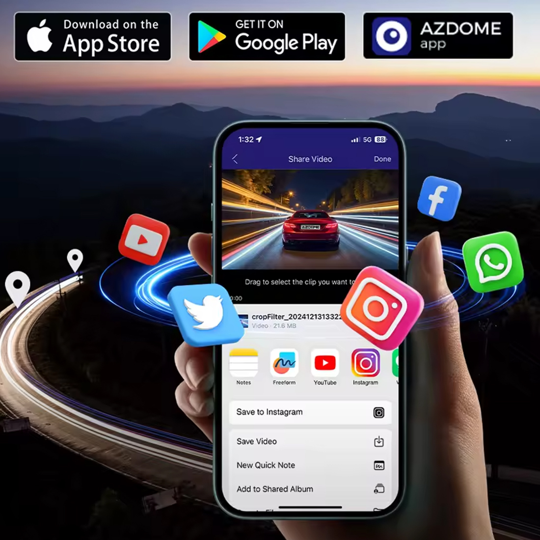 Azdome M660 Wi-Fi 5 GHz szybkie pobieranie nagrań aplikacja AZDOME GPS OTA
