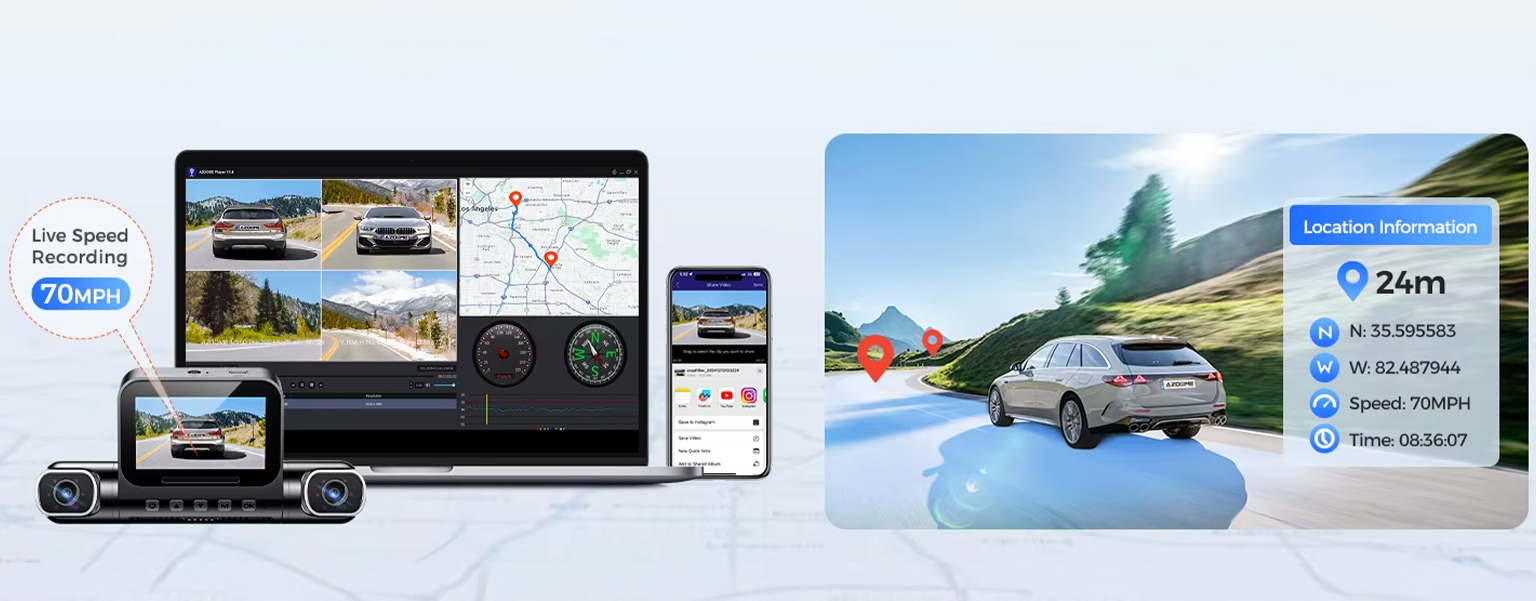 Azdome M660 GPS zapis trasy prędkości i lokalizacji zdarzeń