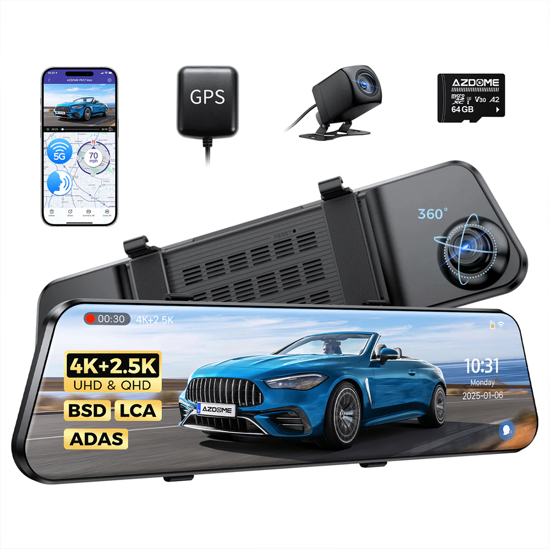 Azdome PG17 MAX najwazniejsze cechy wideorejestrator w lusterku 4K 2.5K Wi-Fi GPS tryb parkingowy