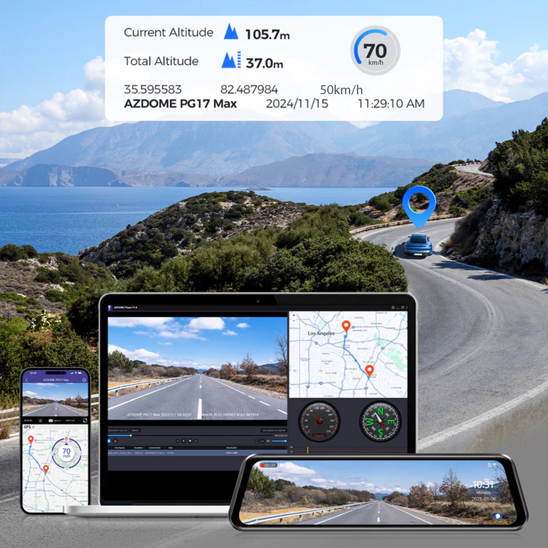 Azdome PG17 MAX GPS rejestracja trasy i prędkości zapis na wideo wideorejestrator w lusterku