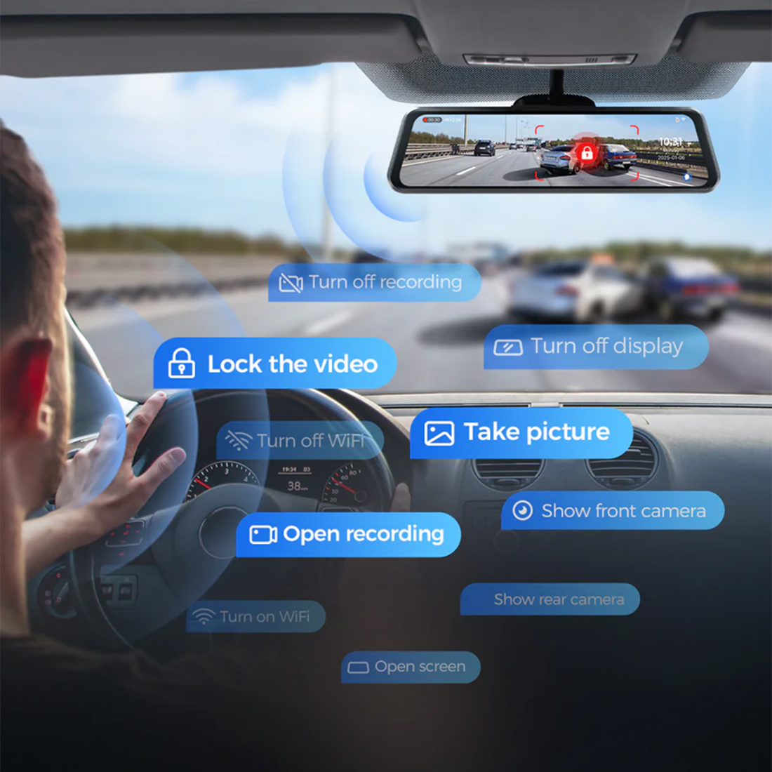 Azdome PG17 MAX sterowanie głosowe komendy do wideorejestratora w lusterku bezpieczna obsługa