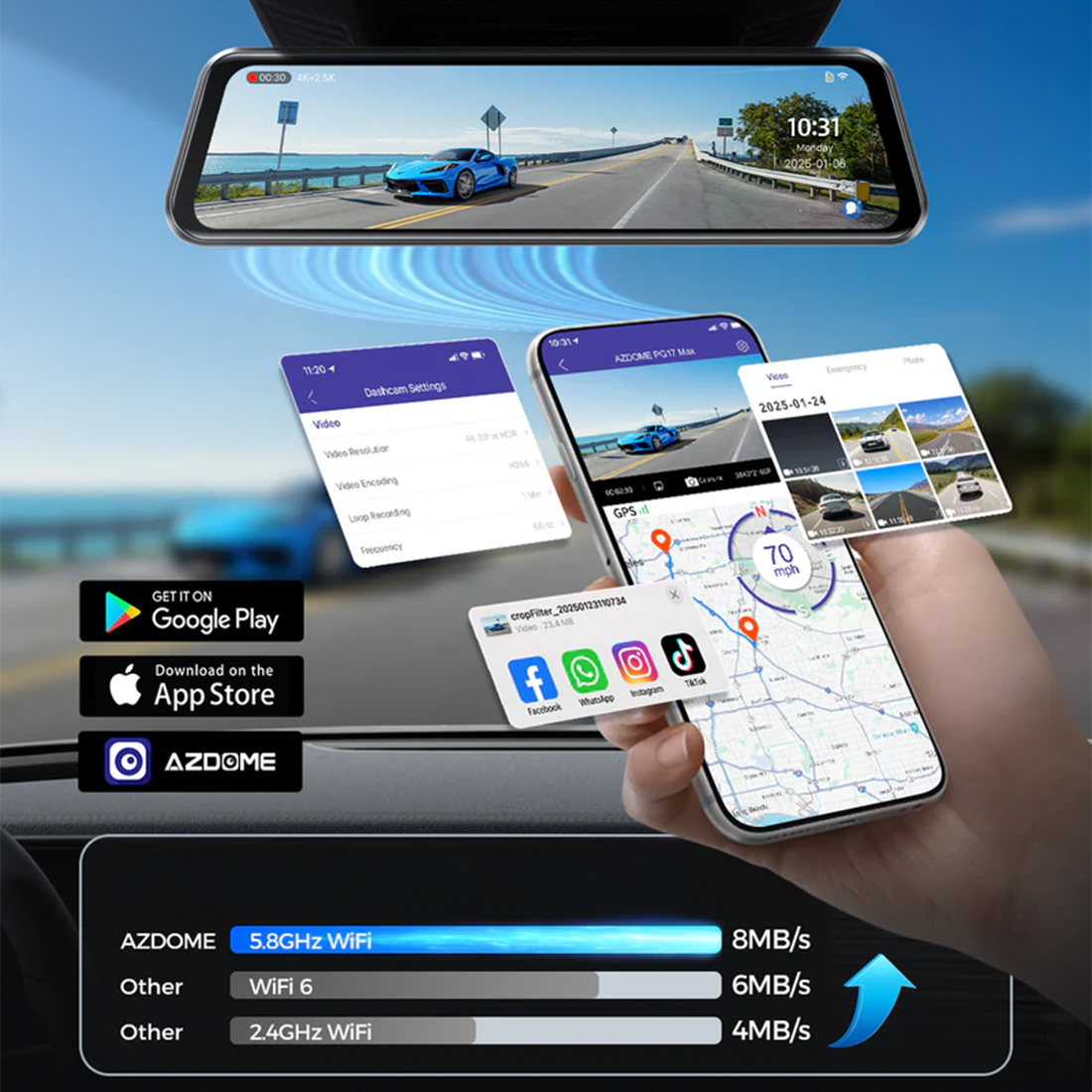 Azdome PG17 MAX Wi-Fi 5,8 GHz aplikacja mobilna szybkie zgrywanie nagrań z wideorejestratora