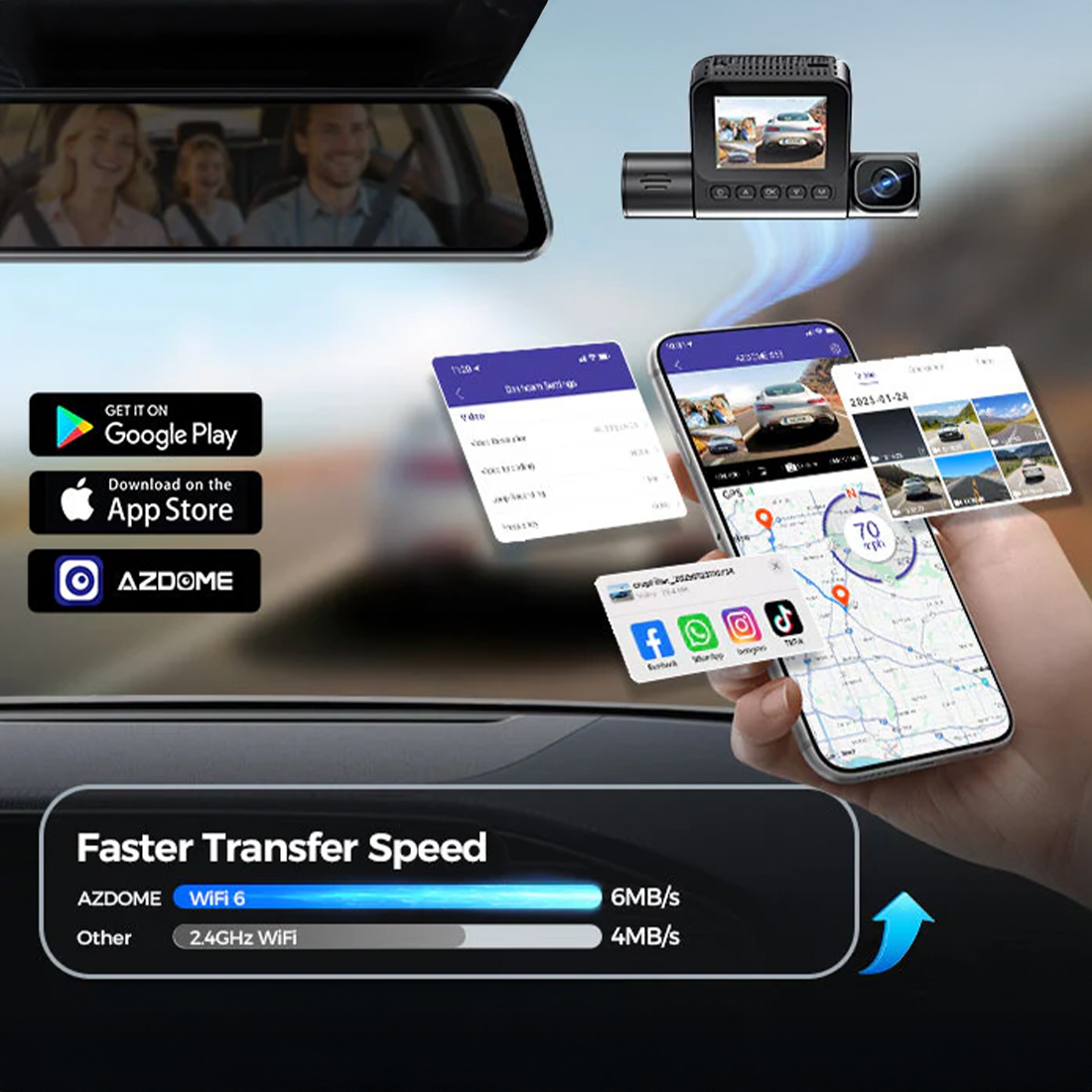 AZDOME S58 4G Wi-Fi aplikacja mobilna podgląd i pobieranie nagrań bez wyjmowania karty microSD