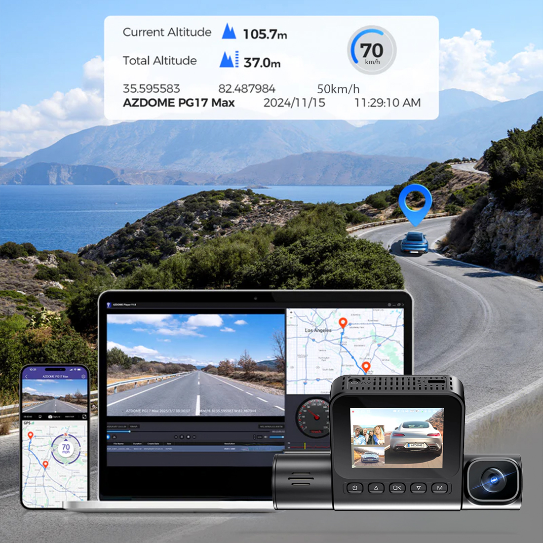 AZDOME S58 4G wbudowany GPS zapis prędkości i lokalizacji w nagraniach dokumentacja trasy