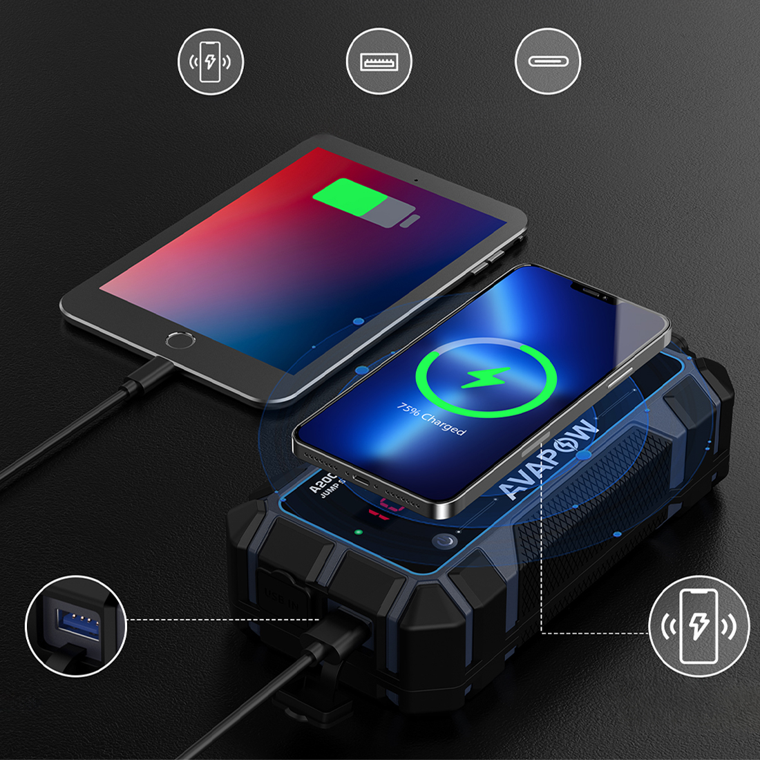 AVAPOW A9 Plus z USB-C, USB-A QC3.0 i ładowaniem bezprzewodowym 10W – powerbank i booster rozruchowy w jednym
