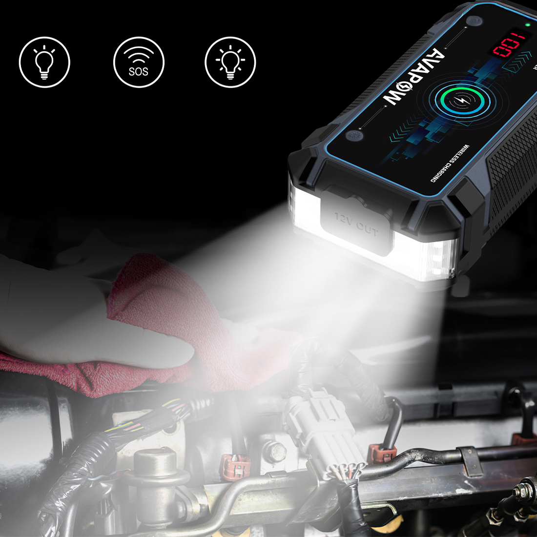Powerbank rozruchowy AVAPOW A9 Plus 44,4Wh 12000mAh z latarką LED 400 lm i czasem czuwania do 9 miesięcy – jump starter do auta i urządzeń mobilnych