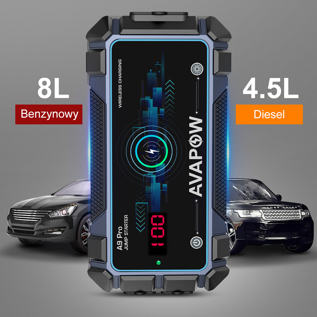 Powerbank rozruchowy AVAPOW A9 Pro 59,2Wh 16000mAh z latarką LED 600 lm i czasem czuwania do 9 miesięcy – jump starter do auta i urządzeń mobilnych