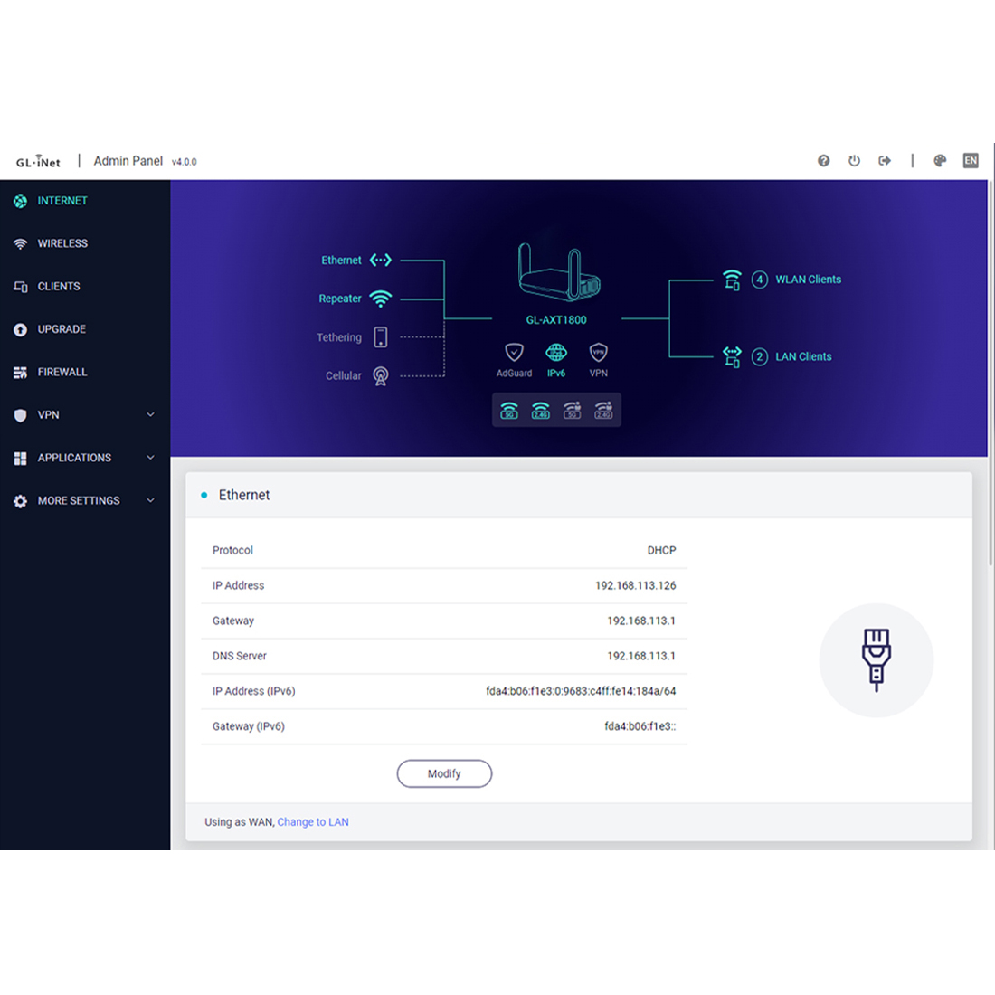 router glinet opal gl sft1200 openwrt 18.06 5000 wtyczek personalizacja admin panel