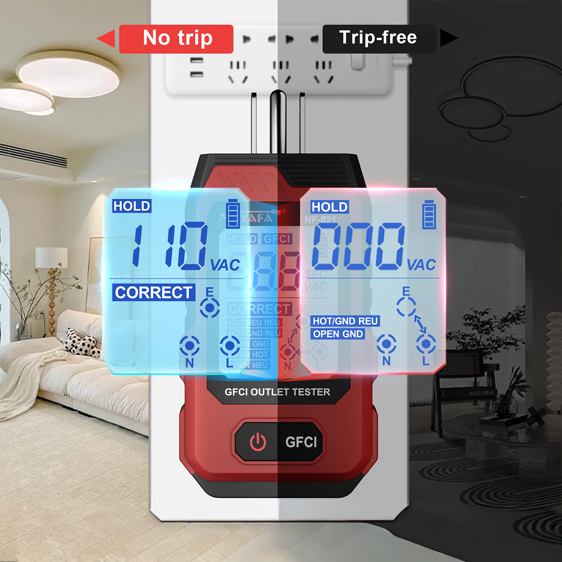 NOYAFA NF-821 test zabezpieczenia GFCI w gniazdku