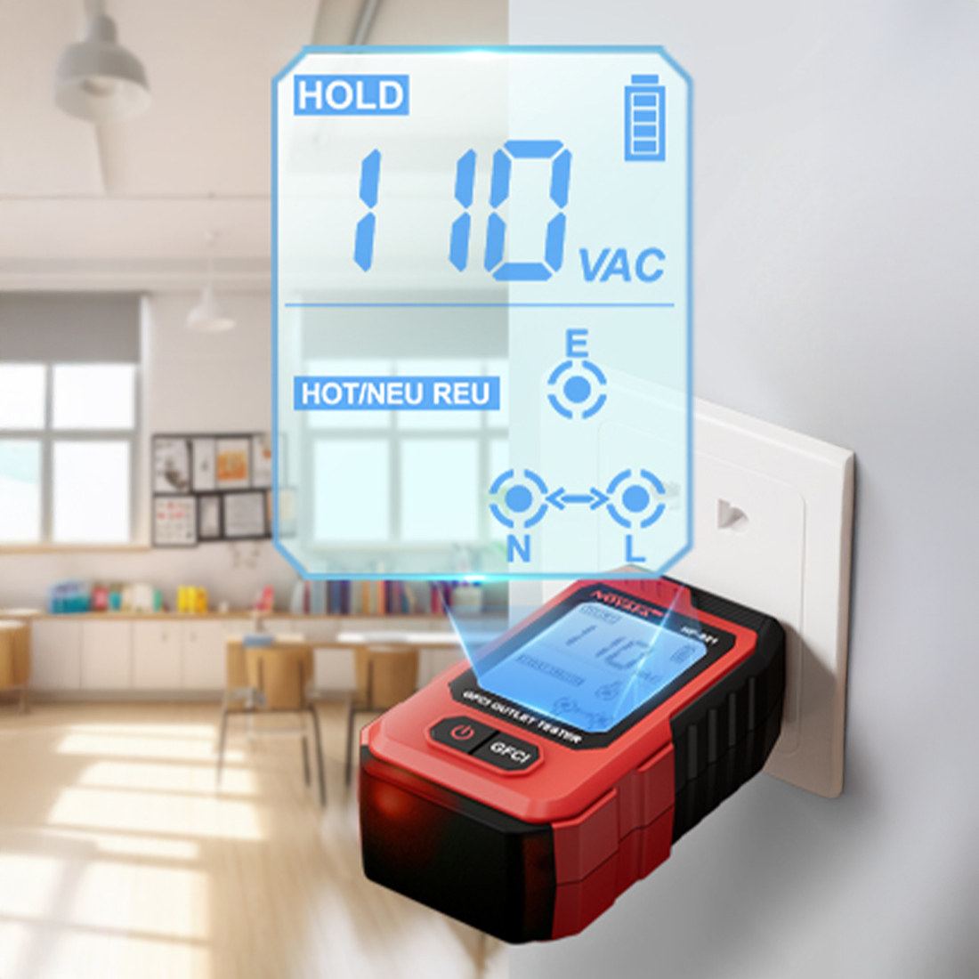 NOYAFA NF-821 wyświetlacz LCD pomiar napięcia w gniazdku